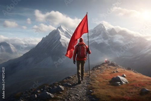 Lichtdoorlatende gordijnen Hiker man heading to the mountain top where there is a red flag on top © Ahmed Sayed
