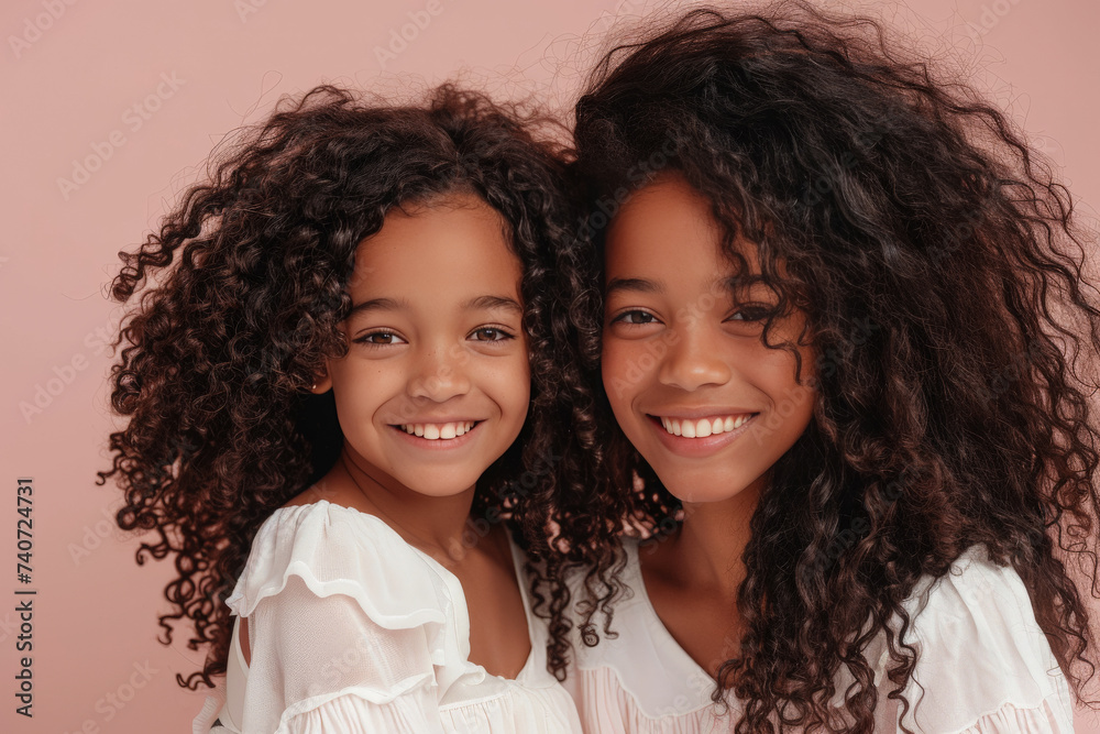 Pareja de hermanas afroamericanas jovenes y sonrientes de pelo largo rizado, con vestido blanco, sobre fondo rosa claro pastel Pareja de hermanas afroamericanas jovenes y sonrientes de pelo largo rizado, con vestido blanco, sobre fondo rosa claro pastel