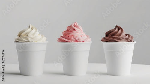 Strawberry frozen yogurt or soft ice cream, vanilla and chocolate frozen yogurt or soft ice cream in blank paper cup packaging template mockup collection with isolated background photo