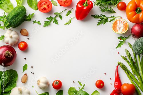 various vegetables and fruits, isolated on white background, top view, creative flat layout, concept of healthy nutrition