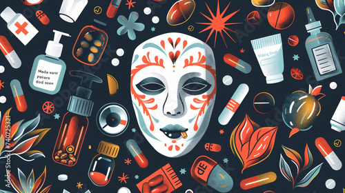 Health mask with medicine and objects.