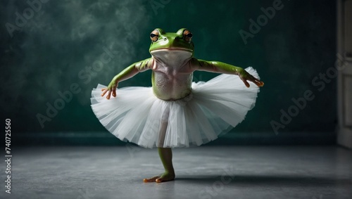 green frog dancing balet doing piruet in pure white balet dress, leap day