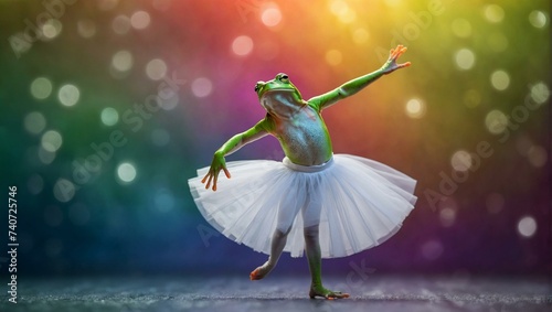 A graceful frog in a vibrant tutu takes a leap on a sunny february day, bringing together the worlds of sport and modern dance in a mesmerizing outdoor performance photo