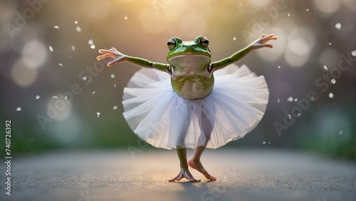 A graceful leap on a chilly february day, as a frog in a white tutu dances with a human face, embodying the beauty and whimsy of outdoor ballet