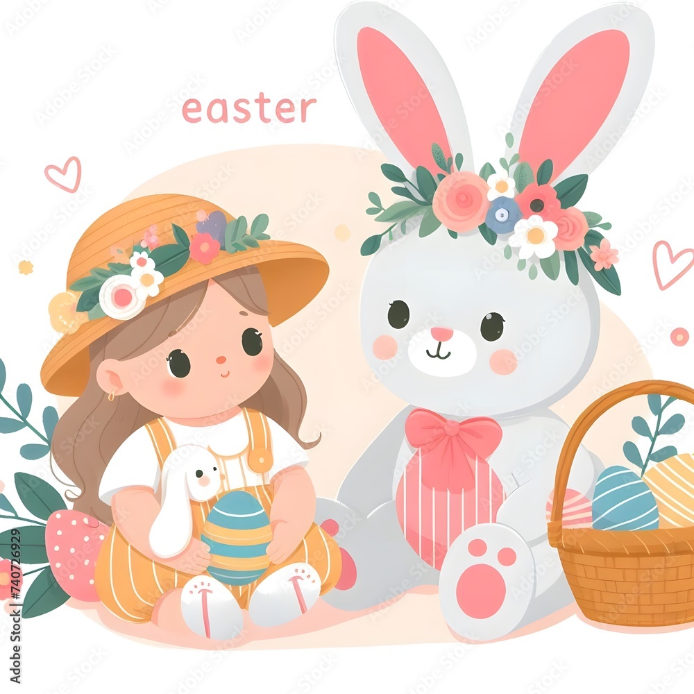 Happy Easter card. Kids postcard design for spring holiday. Cute bunny, fairy rabbit, kawaii fairytale character and child on bicycle with eggs. Happy Easter card. Kids postcard design for spring holiday. Cute bunny, fairy rabbit, kawaii fairytale character and child on bicycle with eggs.