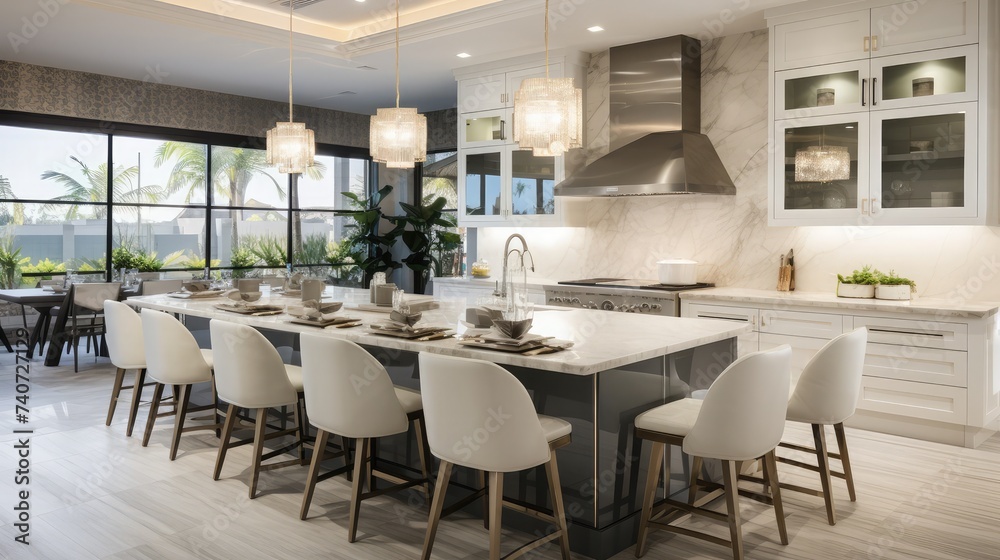 A luxury white kitchen with bar stools sitting at a large island, glass lights hanging from the ceiling, and a beautiful tiled backsplash