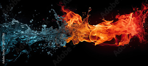 Fire and water are isolated on black background. opposite energy