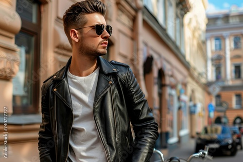 A person in a vintage leather jacket exuding retro vibes with a nostalgic touch, showcasing a classic and casual fashion style © Aidas