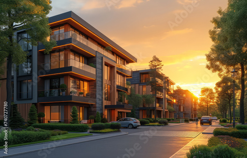 3d rendering of modern cozy clinker house on the ponds with garage and pool for sale or rent with beautiful landscaping on background with sunset light in cozy cozy apartment photo