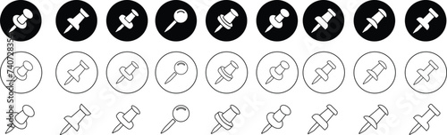 Push pin icons set. Thumbtack for note attach. Paperclip symbol Pushpin flat and line style collection isolated transparent background A needle for fixing on a board or map stock vector for web or app