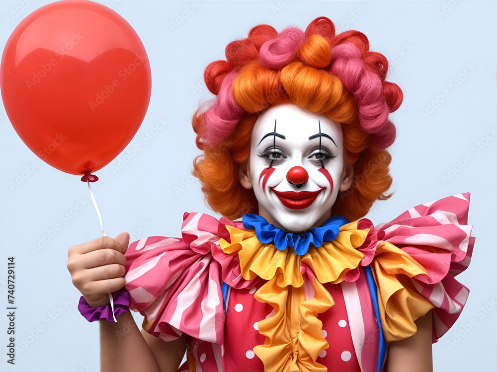 Retrato de un payaso con maquillaje brillante y gran sonrisa y cabello