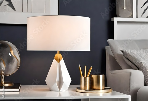 white table lamp with a geometric shade sitting on a white tabl photo
