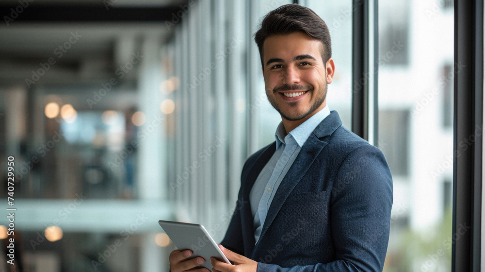 Portrait of a young businessman using digital tablet while standing in office Portrait of a young businessman using digital tablet while standing in office
