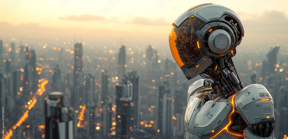 Fototapeta premium Robot standing and looking on the cityscape. Futuristic, technology and ai development concept.