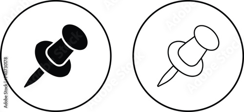 Push pin icons set. Thumbtack for note attach. Paperclip symbol Pushpin flat and line style collection isolated transparent background A needle for fixing on a board or map stock vector for web or app