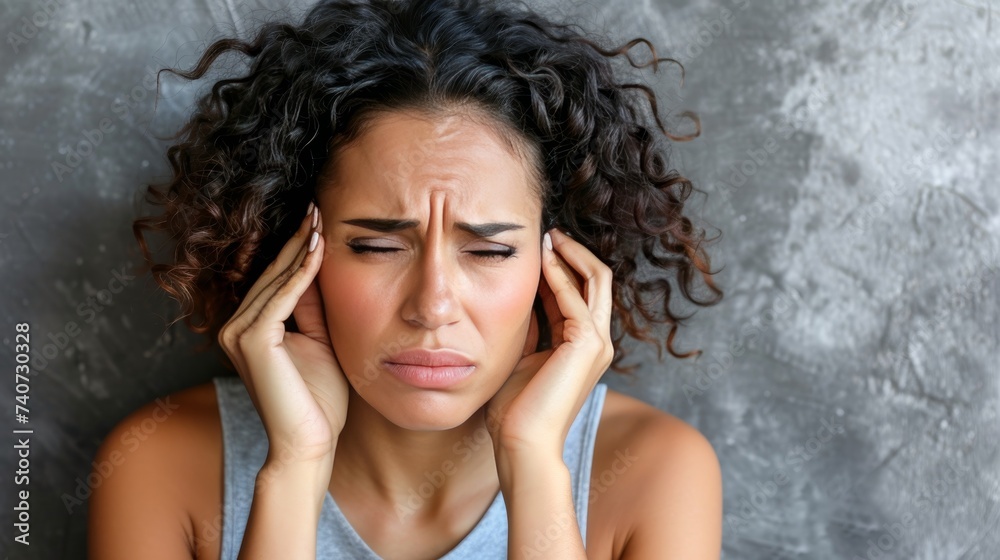 A distressed woman experiencing nightmares, depression, and insomnia, with space for text placement