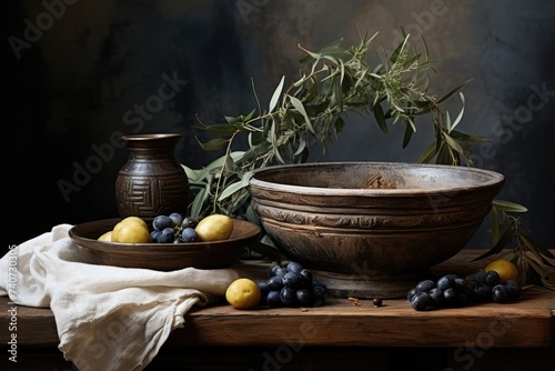 A painting showcasing a bowl filled with ripe grapes and fresh lemons.