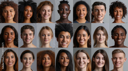 Portraits of beautiful smiling women on grey background, collage. Diversity concept