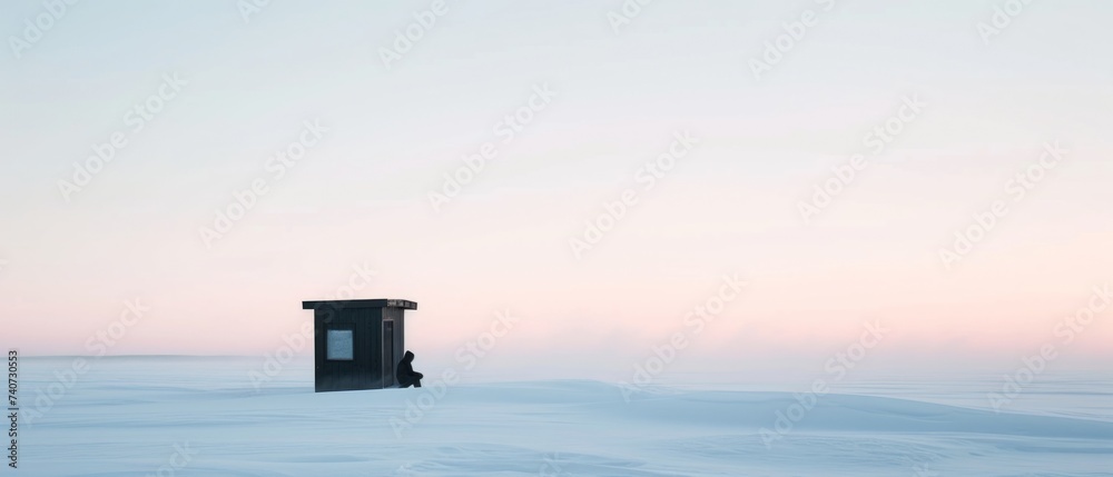 Solitary cabin basking in the alpenglow of a snowy mountain sunrise, a remote winter haven Solitary cabin basking in the alpenglow of a snowy mountain sunrise, a remote winter haven