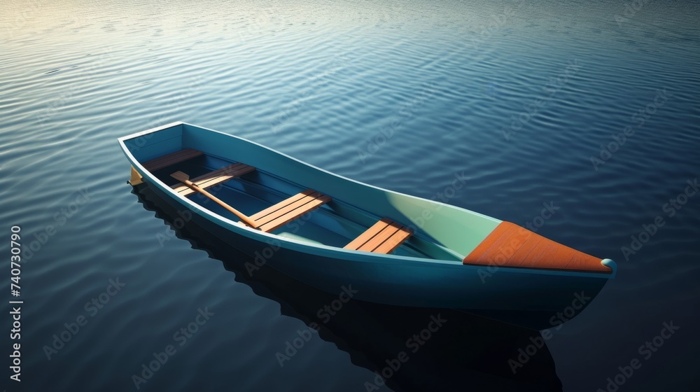 Solitary boat on calm water at twilight, symbolizing solitude and reflection. Perfect for themes of tranquility and the great outdoors