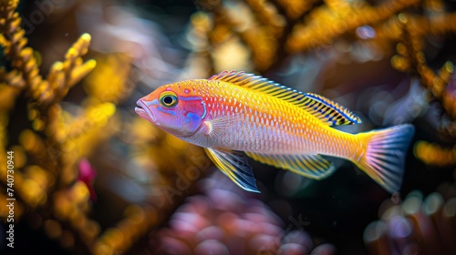 Hawkfish elegantly navigating vibrant corals in a captivating saltwater aquarium setting