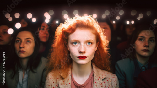 Portrait of a young woman in a crowded cinema
