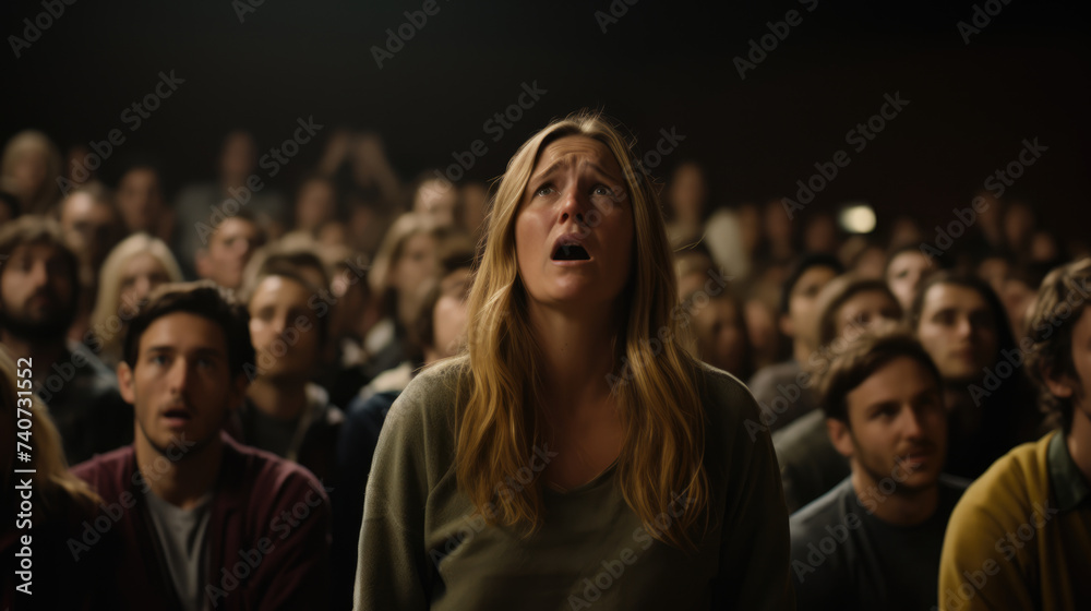 Portrait of a young woman in a crowded cinema. Dramatic emotions