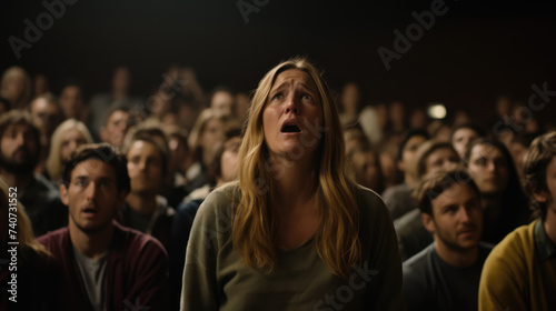 Portrait of a young woman in a crowded cinema. Dramatic emotions