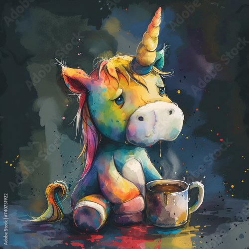 a very grumpy unicoren, sad and tired, with empty coffee pot, watercolor style, splash effect, dark background Generative AI