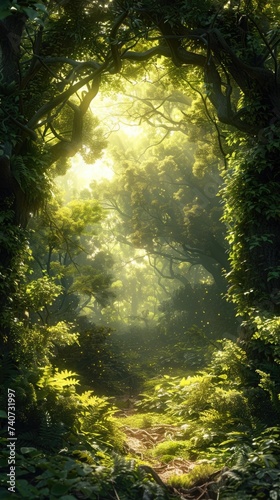 A path leading through dense  green foliage in a vibrant forest setting.