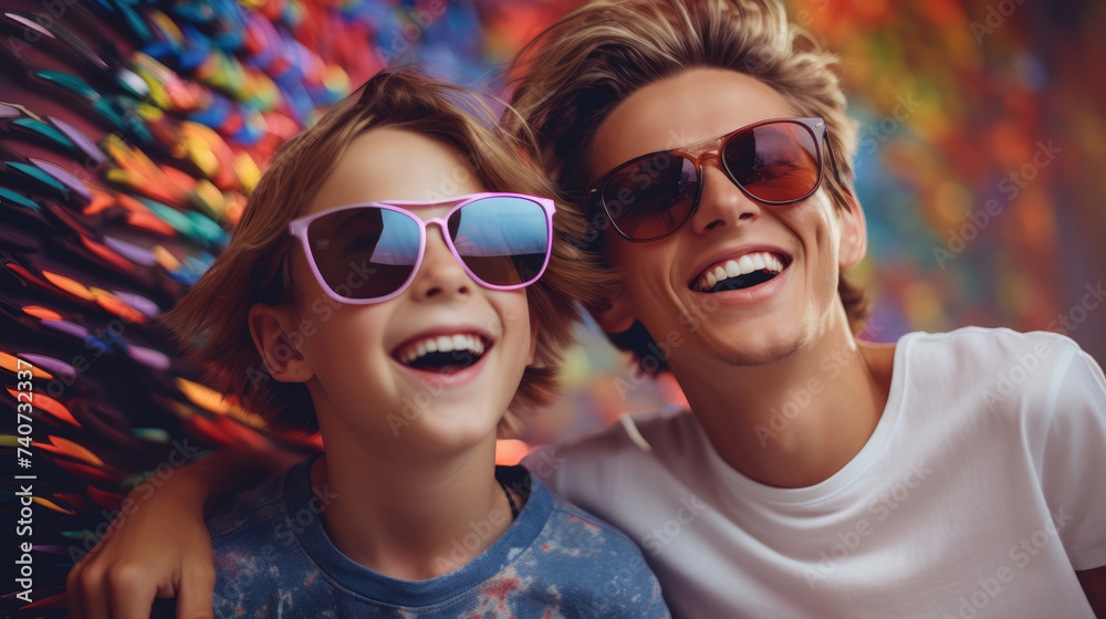 Brothers in bright sunglasses on vibrant blurred background Brothers in bright sunglasses on vibrant blurred background