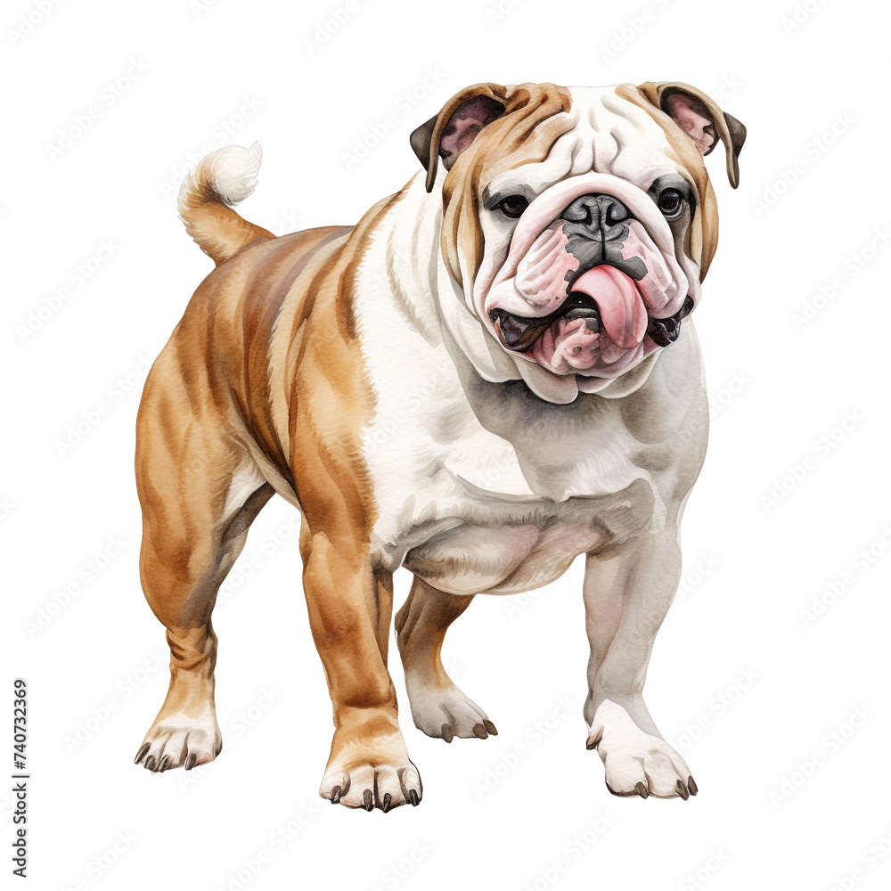 A standing English bulldog watercolor clipart illustration on transparent background