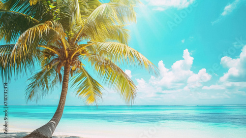 Coconut palm tree on the tropical beach. Summer vacation concept © Art AI Gallery