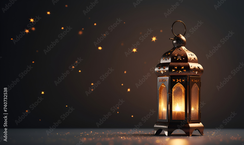 Arabian Lantern Holiday.Ramadan lantern on the table. Dark background with light and bokehs. Beautiful Greeting Card with copy space for Ramadan and Muslim Holidays. Horizontal Frame Arabian Lantern Holiday.Ramadan lantern on the table. Dark background with light and bokehs. Beautiful Greeting Card with copy space for Ramadan and Muslim Holidays. Horizontal Frame