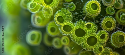 Macro close up of a vibrant green cell under a microscope, biological structure photo