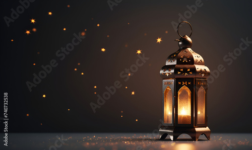 Arabian Lantern Holiday.Ramadan lantern on the table. Dark background with light and bokehs. Beautiful Greeting Card with copy space for Ramadan and Muslim Holidays. Horizontal Frame