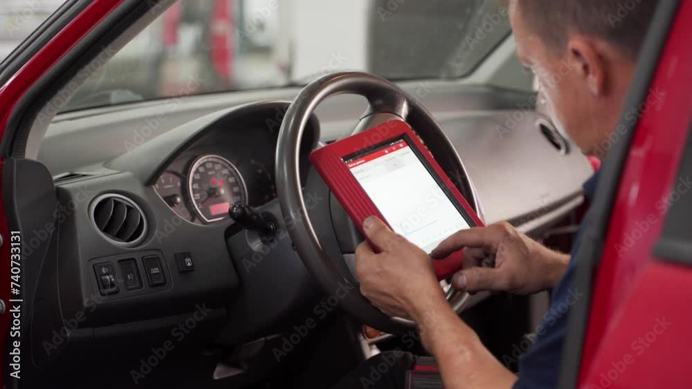 Auto electrician uses OBD2 scanner and tablet for car diagnostics. Mechanic checks vehicle engine codes in workshop. Professional tech analysis, fix auto problems. Dashboard, tools in use.
