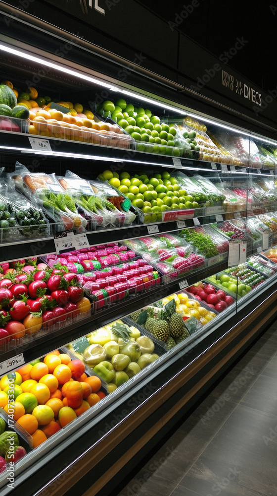 Fruits and vegetables on shelves in supermarket, shopping in department store