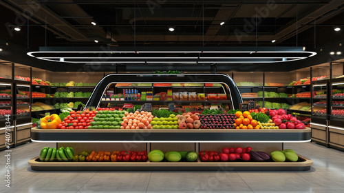 Supermarket interior with shelves full of fruits and vegetables . photo