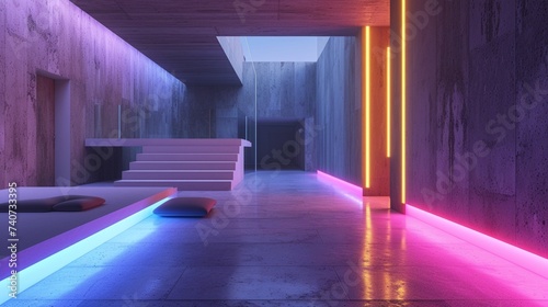 Abstract interior of a minimalist house with concrete  wood  and neon lighting.