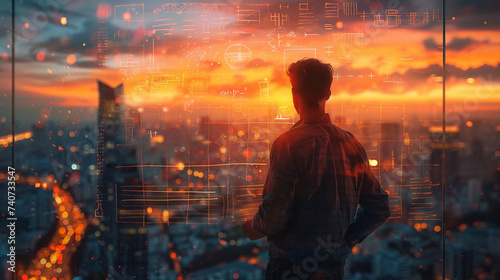 Young entrepreneur sketching plans on a glass wall, city skyline in the background, symbolizing vision and strategy, dusk light, futuristic, Creative or innovative idea, Business Start up Successful 