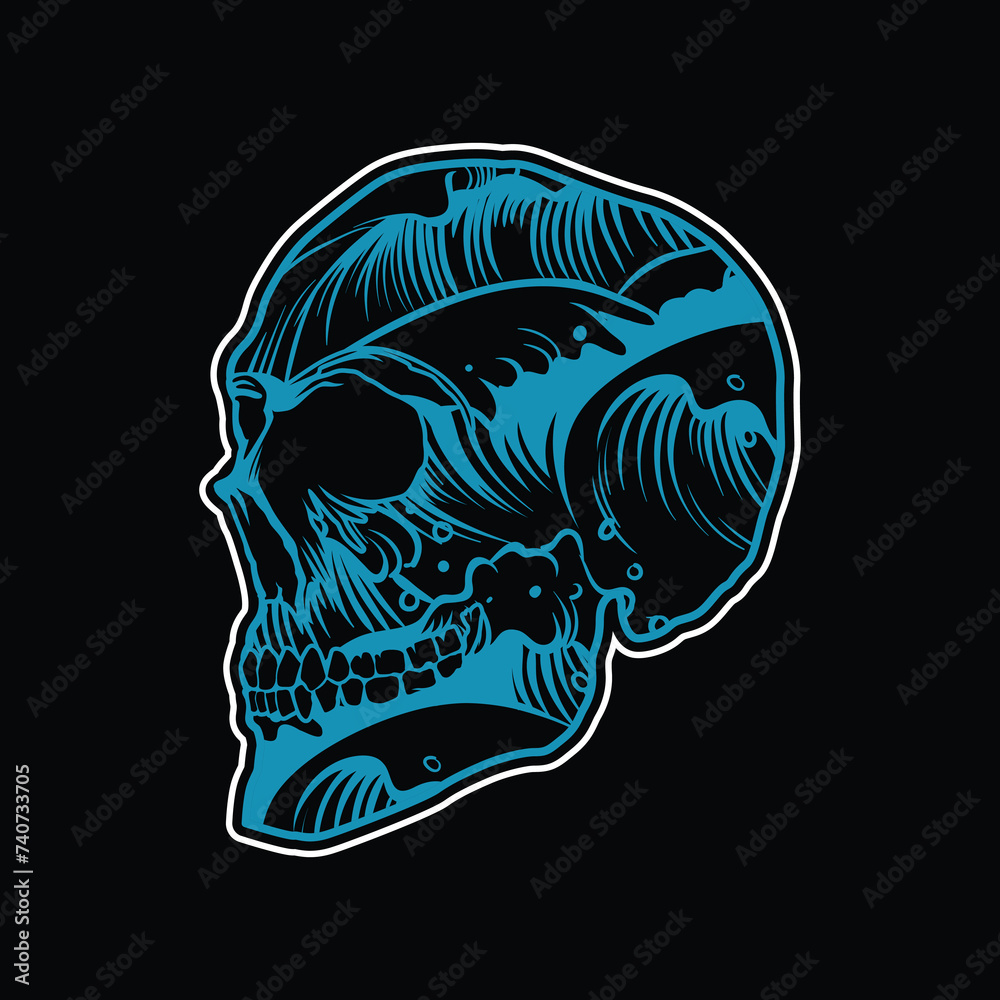 Abstract, Playful, Hand Drawn Skull With Waves Pattern Line Art Apparel Design Ilustration