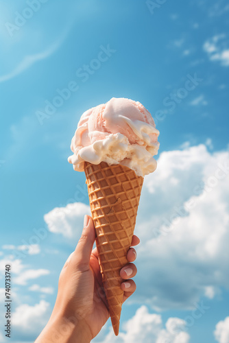 hand holding vanilla ice cream cone with blue sky white clouds summer sunshine