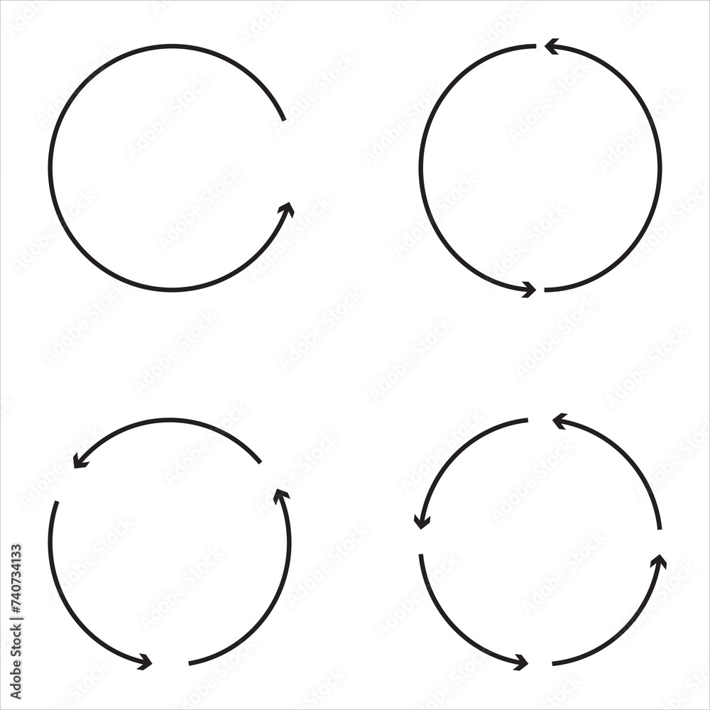 A set of black round arrows .Vector Icon Web Site Graphic. Recycle icon. One, two, three and four arrow in loop. Round reload sign, repeat icon. Vector illustration isolated on white background.