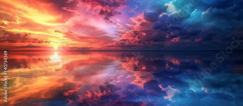 Vibrant and colorful sunset scene over the ocean with fluffy clouds on a summer evening