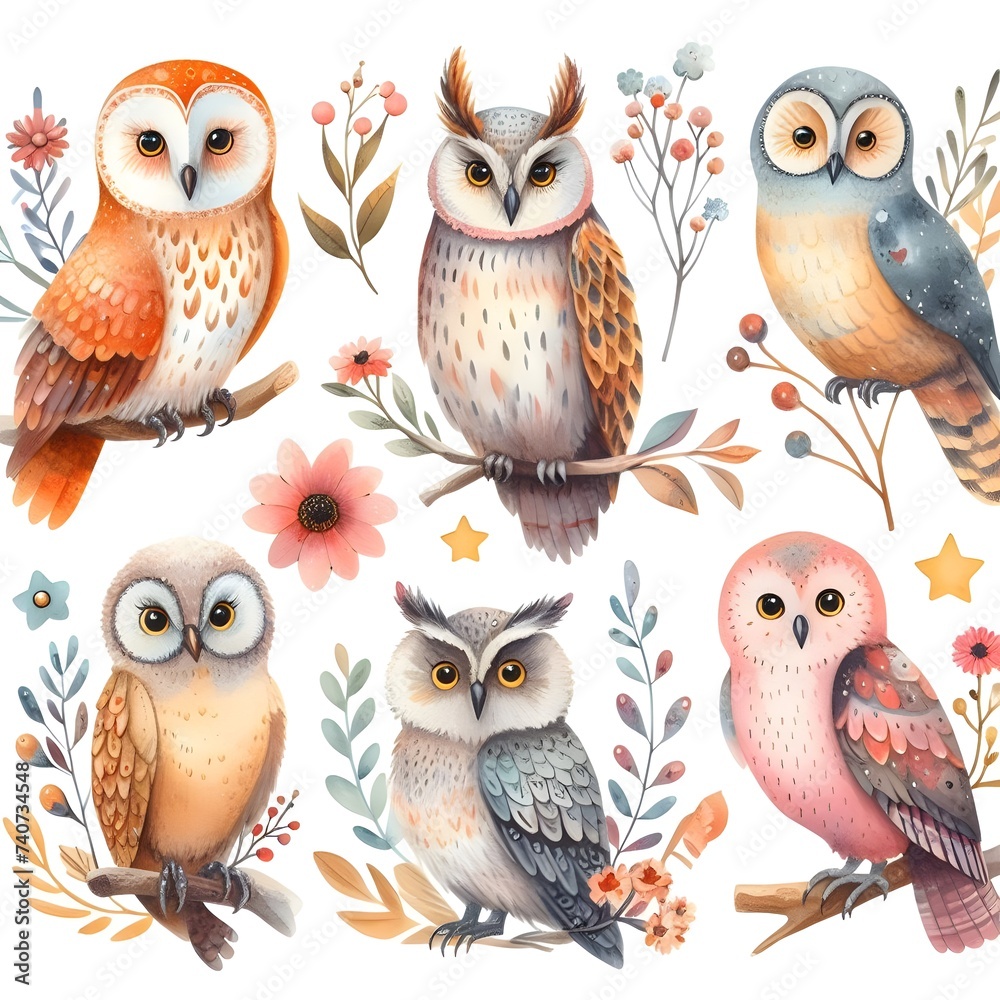 Set of cute owls on branches and leaves. Vector illustration.