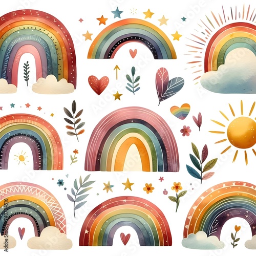 Set of cute rainbow, leaves, flowers and hearts. Vector illustration.