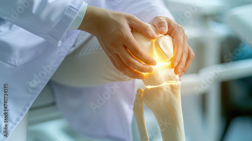 Close-up of female doctor examining knee joint in clinic. Medical healthcare and orthopedics concept . photo