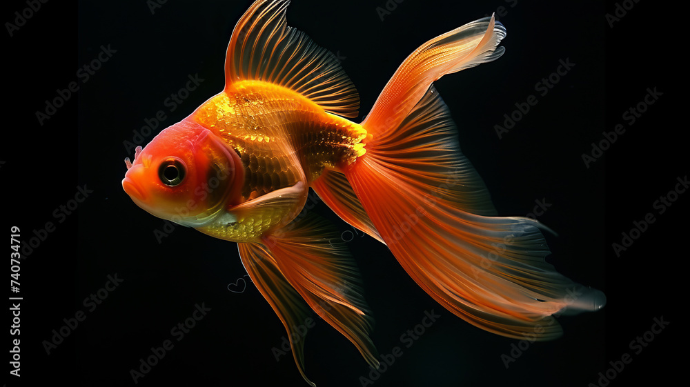 An expressive orange fish in motion, its dynamic beauty captured against a stark black background, AI Generative. An expressive orange fish in motion, its dynamic beauty captured against a stark black background, AI Generative.