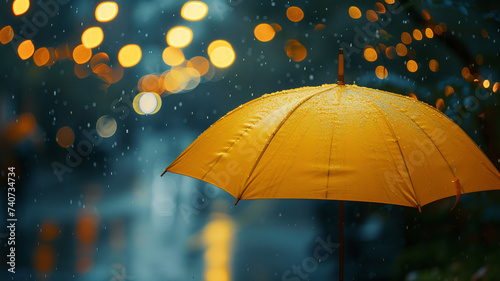 A solitary yellow umbrella stands out amidst the rain, offering shelter and warmth, AI Generative.